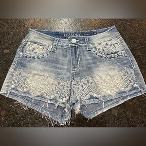 Grace Light Blue Jean Shorts with Lace Detail